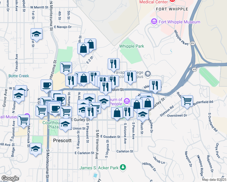 map of restaurants, bars, coffee shops, grocery stores, and more near 234 North Washington Avenue in Prescott