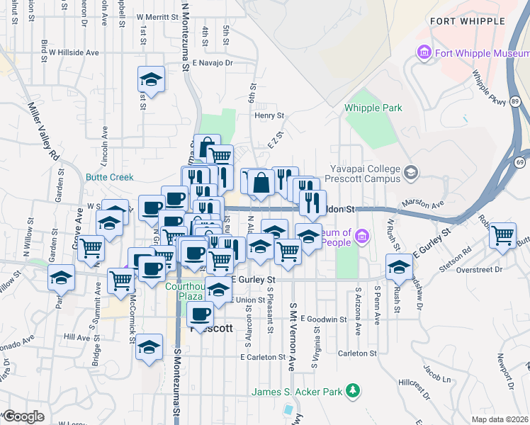 map of restaurants, bars, coffee shops, grocery stores, and more near 233 North Alarcon Street in Prescott