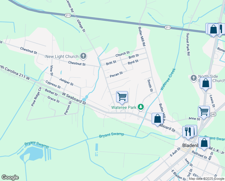 map of restaurants, bars, coffee shops, grocery stores, and more near 305 Village Street in Bladenboro