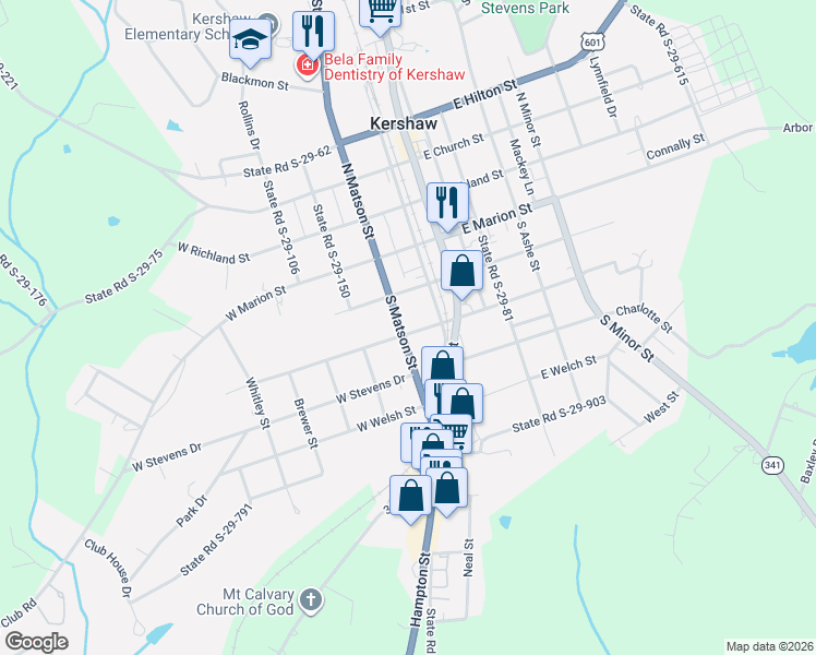 map of restaurants, bars, coffee shops, grocery stores, and more near 207 West Pine Street in Kershaw