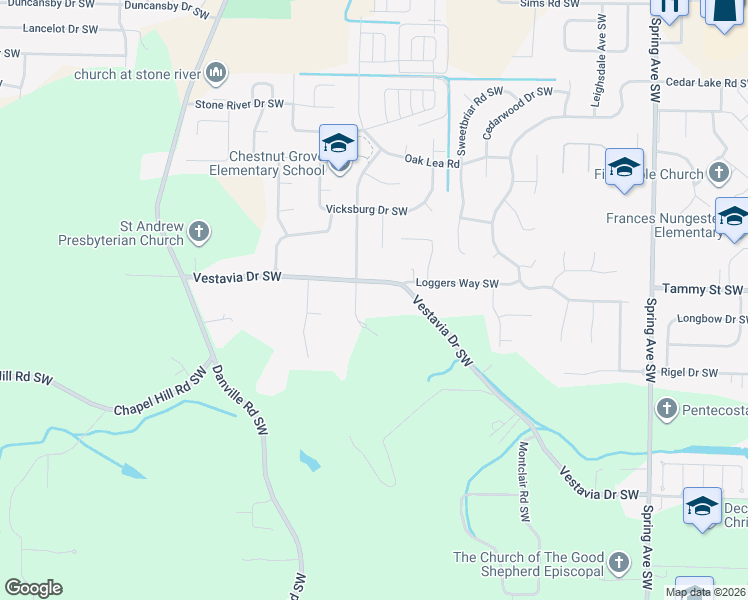 map of restaurants, bars, coffee shops, grocery stores, and more near 1601 Vestavia Drive Southwest in Decatur