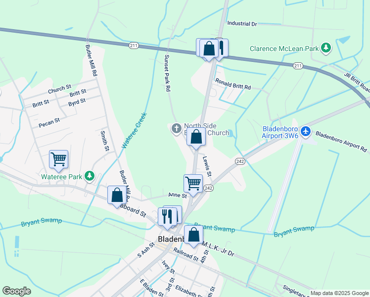 map of restaurants, bars, coffee shops, grocery stores, and more near 1024 Sunset Park Road in Bladenboro