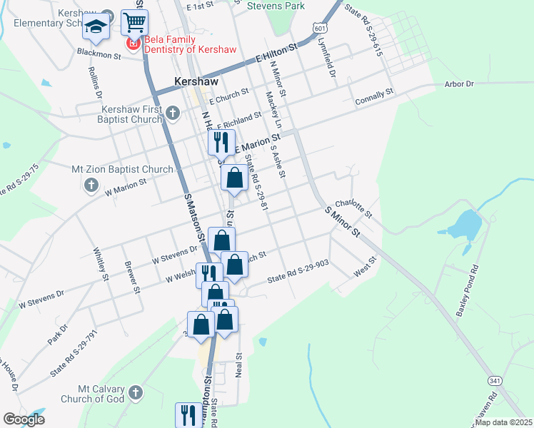map of restaurants, bars, coffee shops, grocery stores, and more near South Hart Street in Kershaw