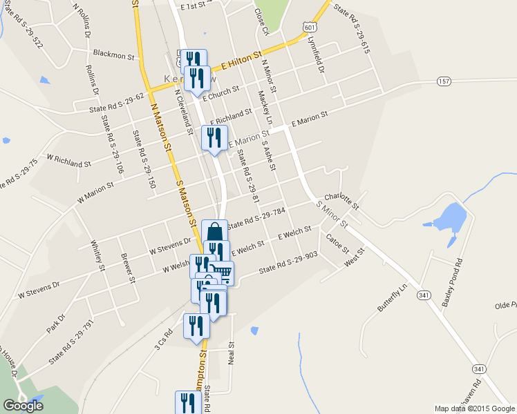 map of restaurants, bars, coffee shops, grocery stores, and more near South Hart Street in Kershaw