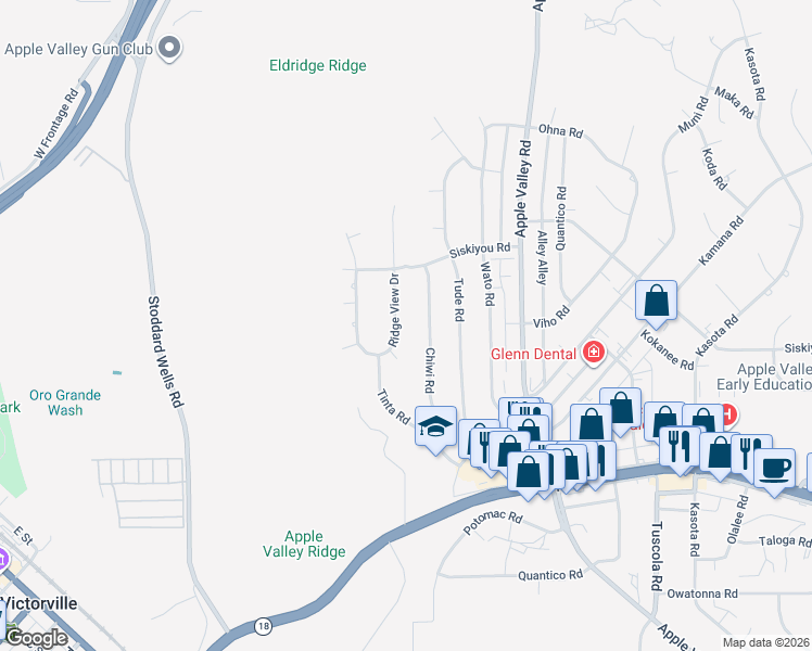 map of restaurants, bars, coffee shops, grocery stores, and more near 16166 Chiwi Road in Apple Valley