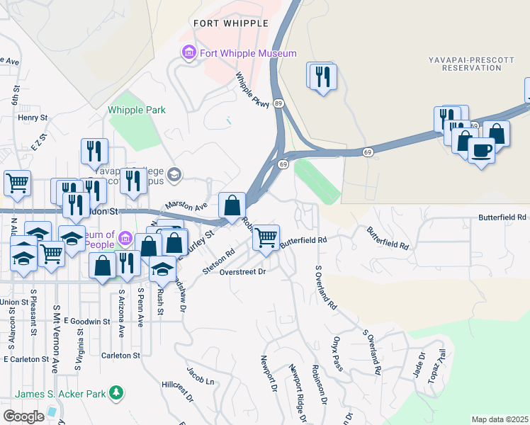 map of restaurants, bars, coffee shops, grocery stores, and more near 1317 East Gurley Street in Prescott