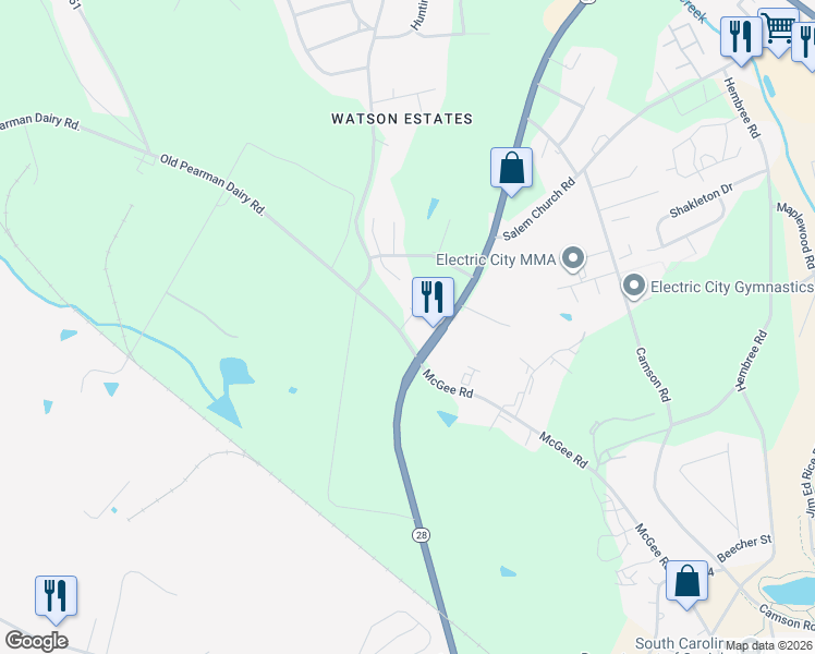 map of restaurants, bars, coffee shops, grocery stores, and more near 1701 Pearman Dairy Road in Anderson