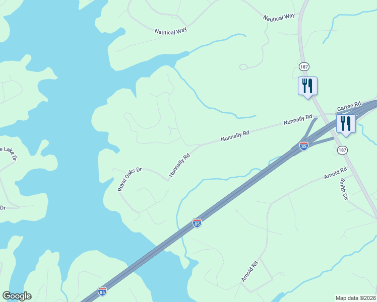 map of restaurants, bars, coffee shops, grocery stores, and more near 304 Nunnally Road in Anderson