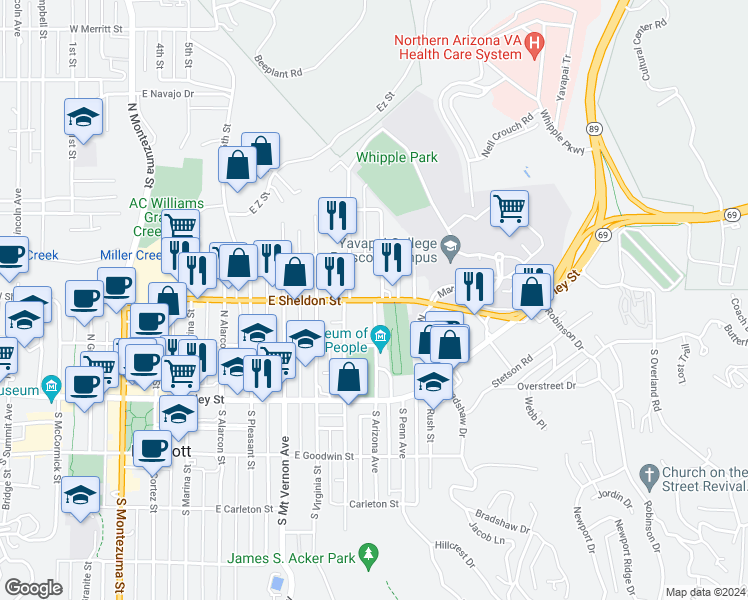 map of restaurants, bars, coffee shops, grocery stores, and more near 799 East Sheldon Street in Prescott