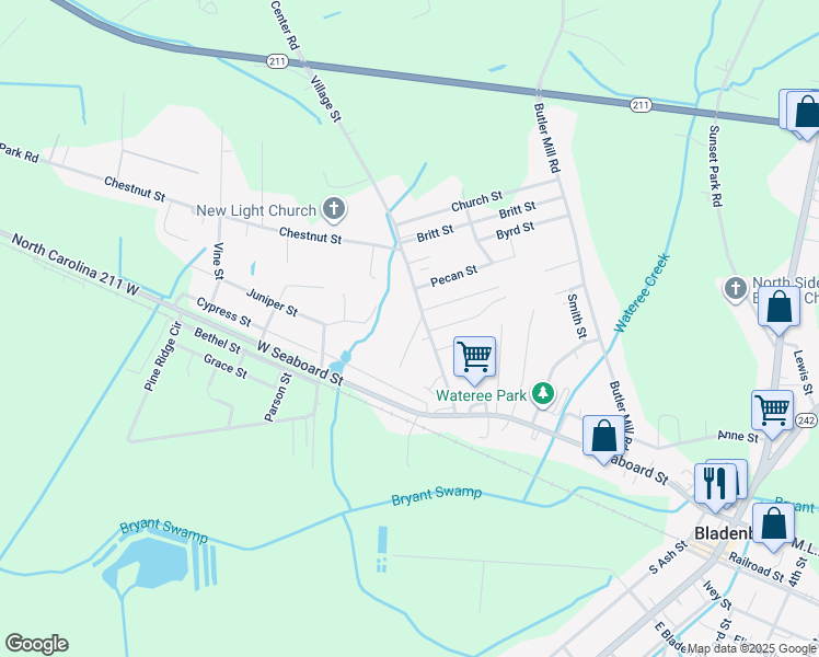 map of restaurants, bars, coffee shops, grocery stores, and more near 107 Walnut Street in Bladenboro