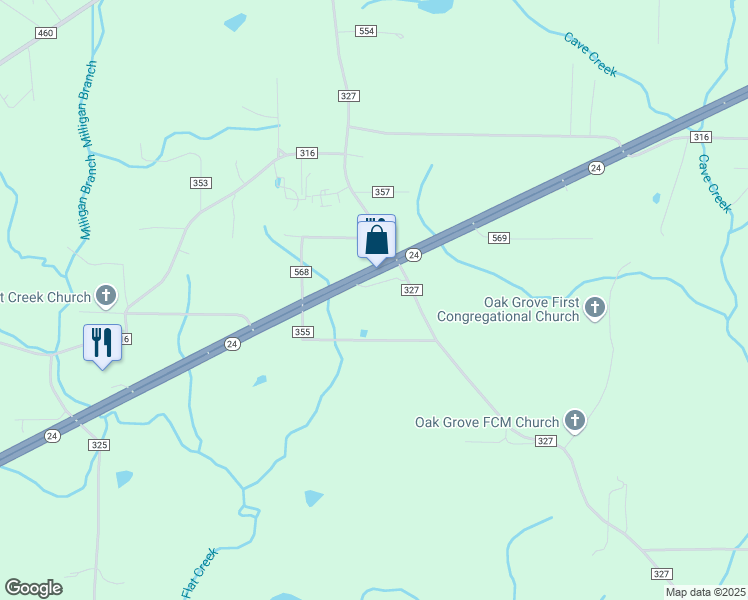 map of restaurants, bars, coffee shops, grocery stores, and more near 5656 County Road 327 in Trinity