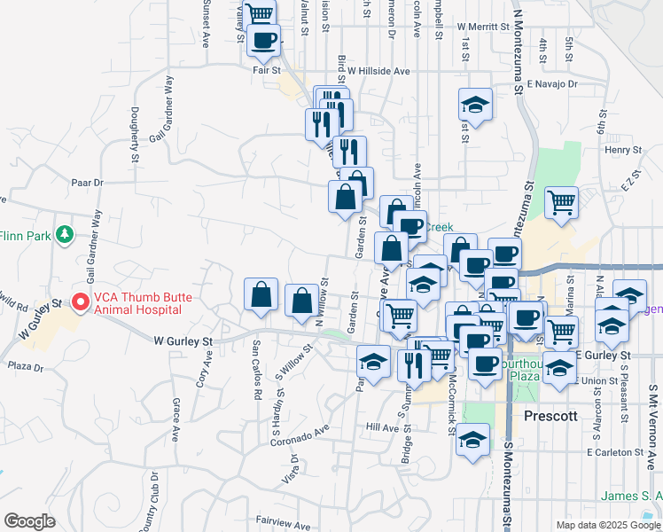 map of restaurants, bars, coffee shops, grocery stores, and more near 307 East Willis Street in Prescott