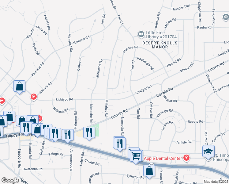 map of restaurants, bars, coffee shops, grocery stores, and more near 18740 Siskiyou Road in Apple Valley