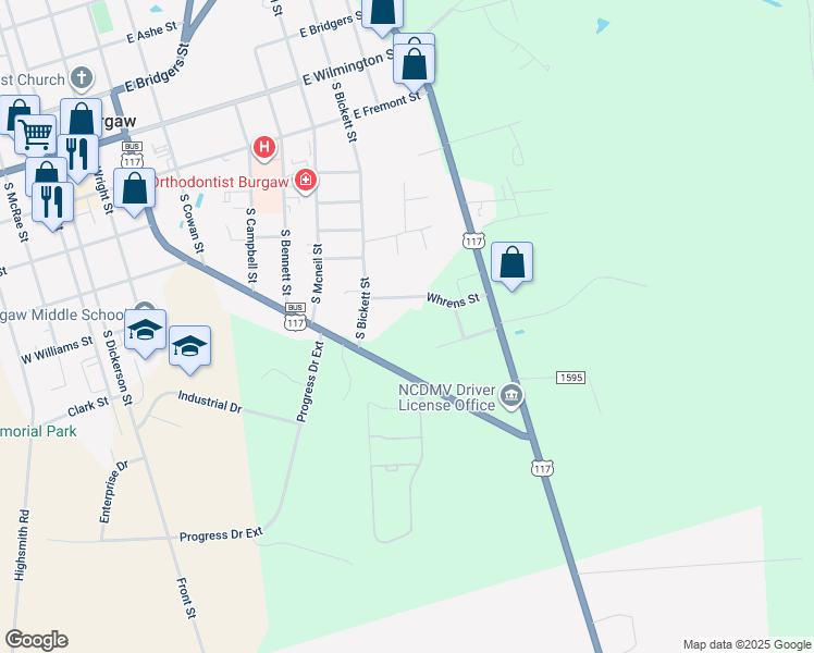 map of restaurants, bars, coffee shops, grocery stores, and more near Whrens Street in Burgaw
