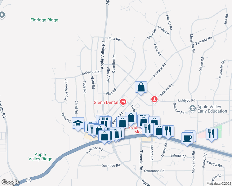 map of restaurants, bars, coffee shops, grocery stores, and more near 16201 Viho Road in Apple Valley