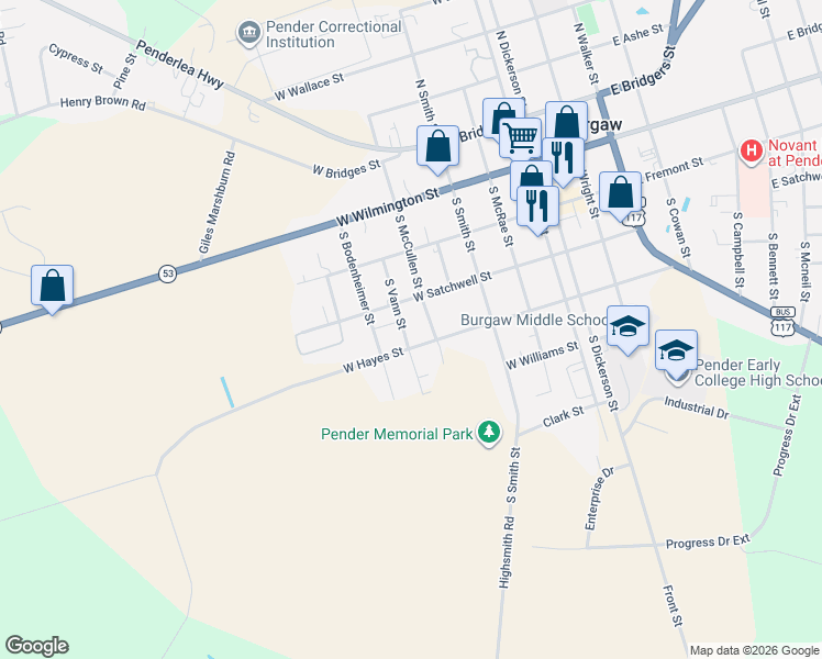 map of restaurants, bars, coffee shops, grocery stores, and more near 601 West Hayes Street in Burgaw