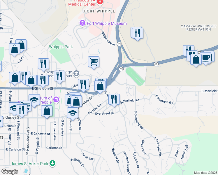 map of restaurants, bars, coffee shops, grocery stores, and more near 131 Robinson Dr in Prescott