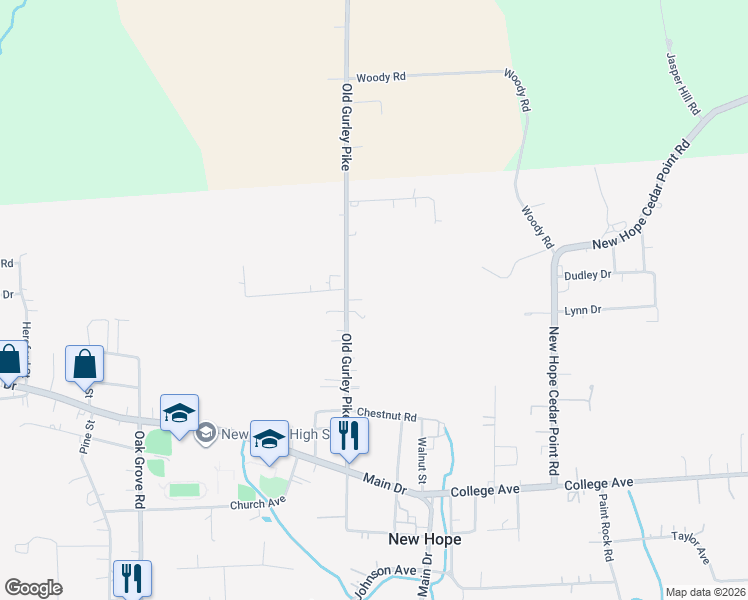 map of restaurants, bars, coffee shops, grocery stores, and more near 2307 Old Gurley Pike in New Hope