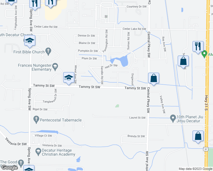 map of restaurants, bars, coffee shops, grocery stores, and more near 412 Tammy Street Southwest in Decatur