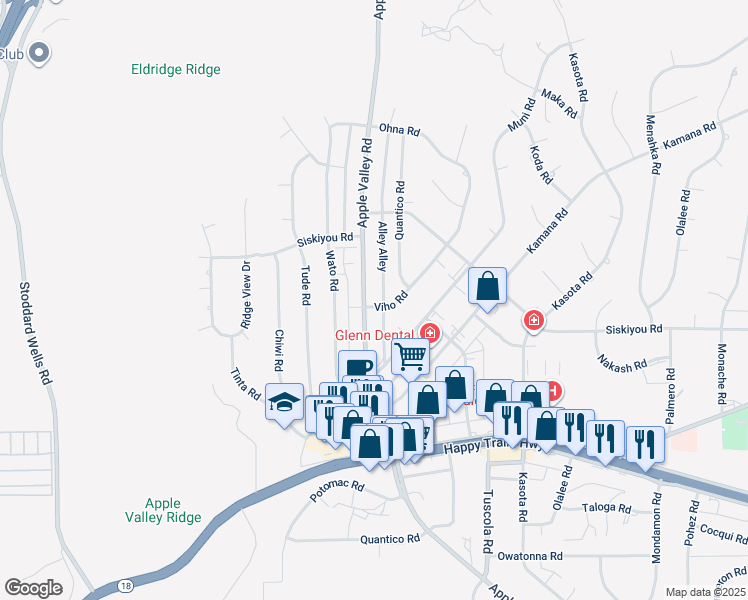 map of restaurants, bars, coffee shops, grocery stores, and more near 16185 Viho Road in Apple Valley