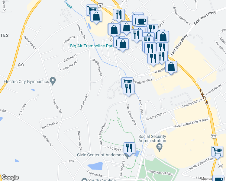 map of restaurants, bars, coffee shops, grocery stores, and more near 151 Civic Center Boulevard in Anderson