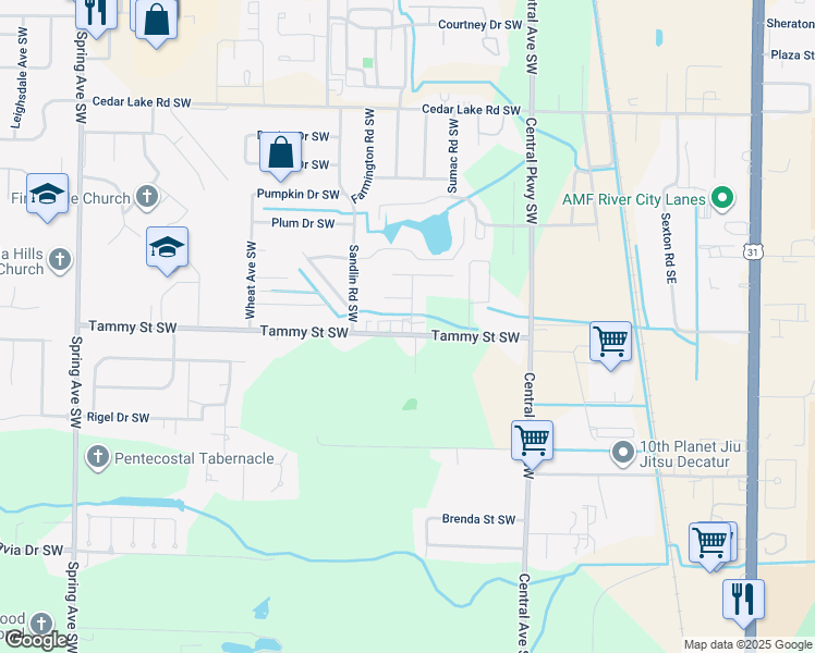 map of restaurants, bars, coffee shops, grocery stores, and more near 427 Tammy Street Southwest in Decatur