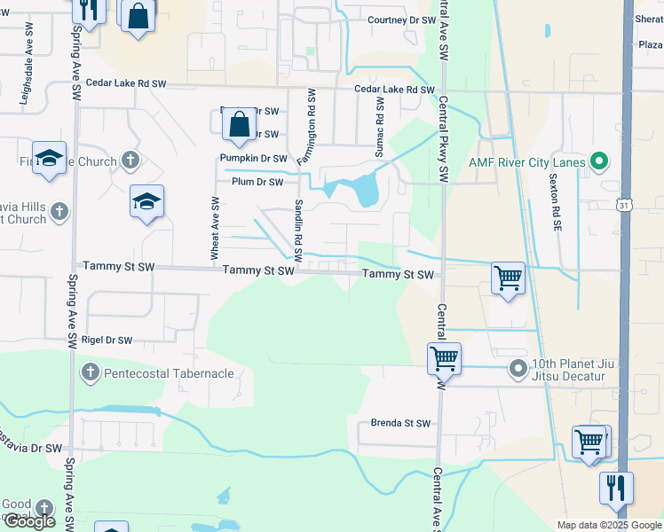 map of restaurants, bars, coffee shops, grocery stores, and more near 427 Tammy Street Southwest in Decatur