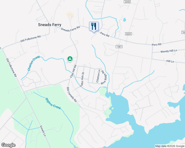 map of restaurants, bars, coffee shops, grocery stores, and more near 306 Dapper Dan Drive in Sneads Ferry