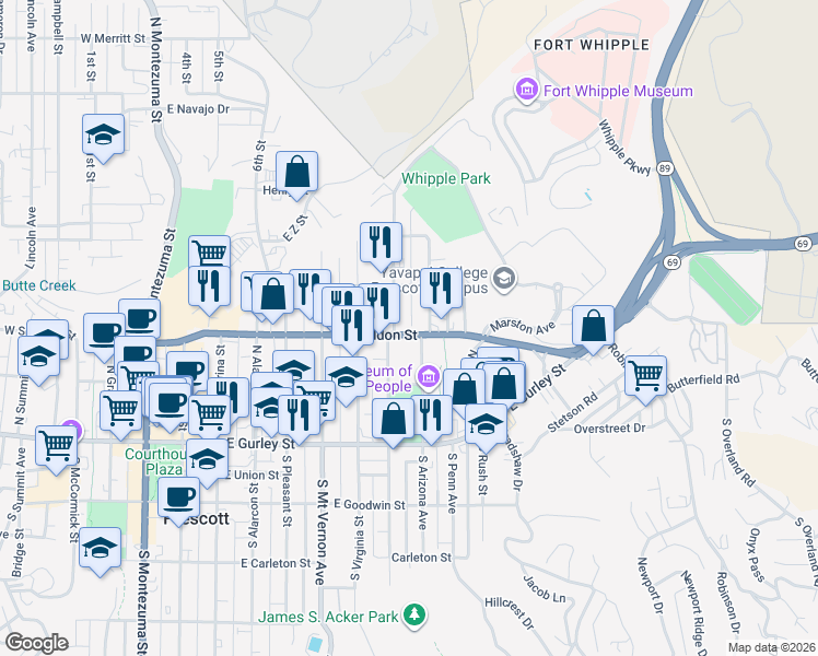 map of restaurants, bars, coffee shops, grocery stores, and more near 234 North Arizona Avenue in Prescott