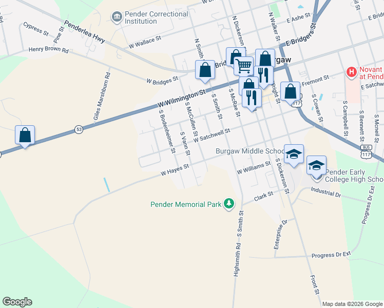 map of restaurants, bars, coffee shops, grocery stores, and more near 601 West Hayes Street in Burgaw