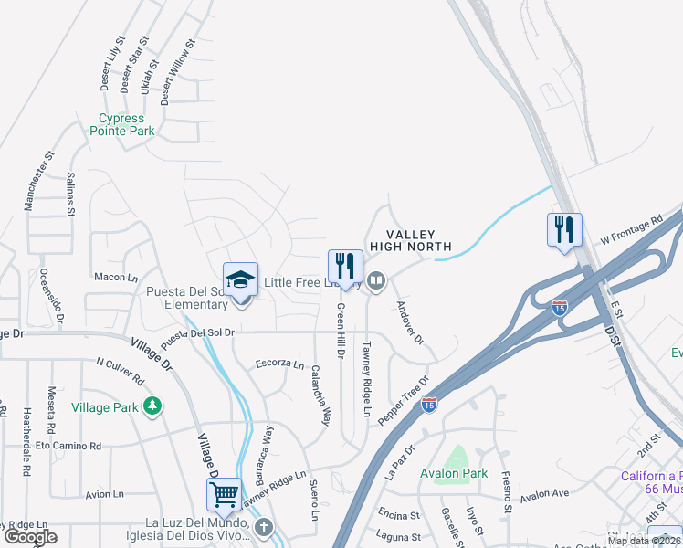 map of restaurants, bars, coffee shops, grocery stores, and more near 16226 Brookfield Drive in Victorville