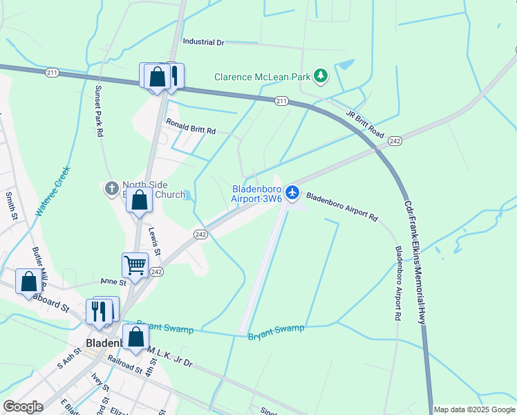 map of restaurants, bars, coffee shops, grocery stores, and more near 12717 North Carolina 242 in Bladenboro
