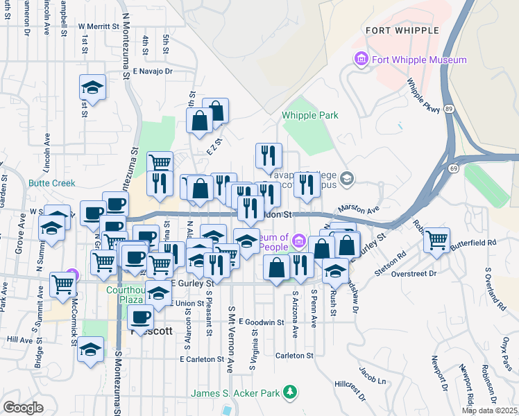 map of restaurants, bars, coffee shops, grocery stores, and more near 305 North Virginia Street in Prescott