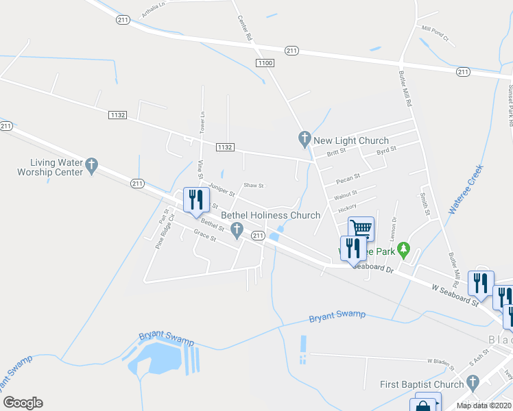 map of restaurants, bars, coffee shops, grocery stores, and more near 120 Juniper Street in Bladenboro