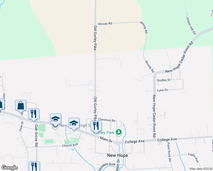 map of restaurants, bars, coffee shops, grocery stores, and more near 2307 Old Gurley Pike in New Hope