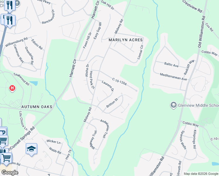 map of restaurants, bars, coffee shops, grocery stores, and more near 602 Laurens Drive in Anderson