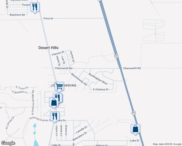 map of restaurants, bars, coffee shops, grocery stores, and more near 2280 Buckingham Boulevard in Lake Havasu City