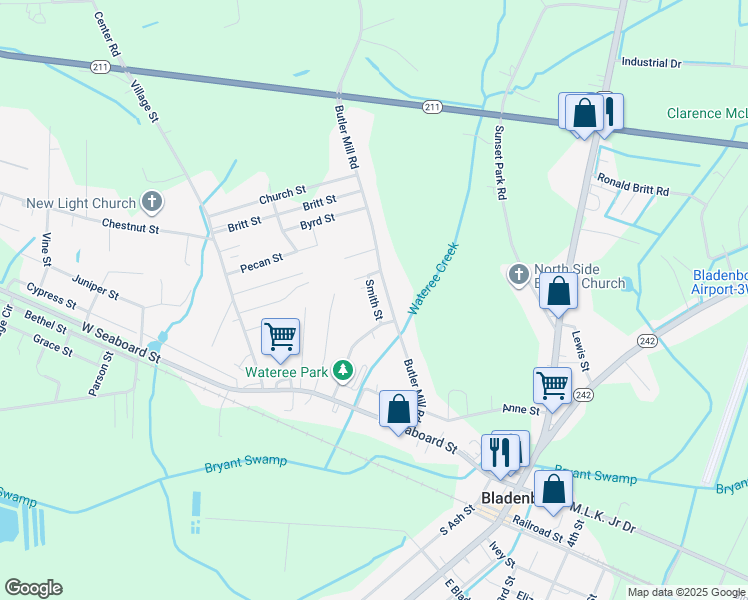 map of restaurants, bars, coffee shops, grocery stores, and more near Smith Street in Bladenboro