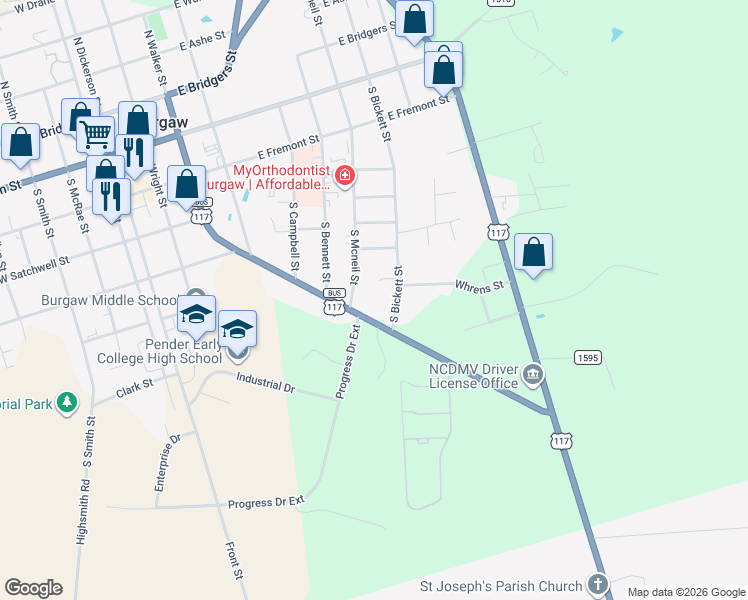 map of restaurants, bars, coffee shops, grocery stores, and more near 700 South Walker Street in Burgaw