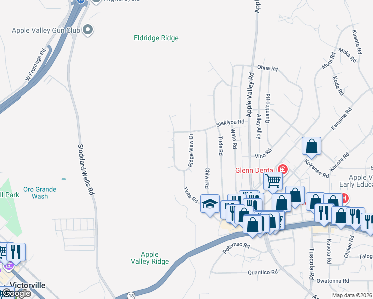 map of restaurants, bars, coffee shops, grocery stores, and more near 16232 Ridge View Drive in Apple Valley
