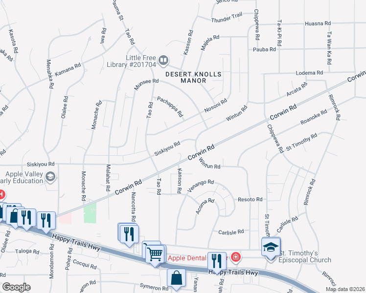 map of restaurants, bars, coffee shops, grocery stores, and more near 19050 Siskiyou Road in Apple Valley
