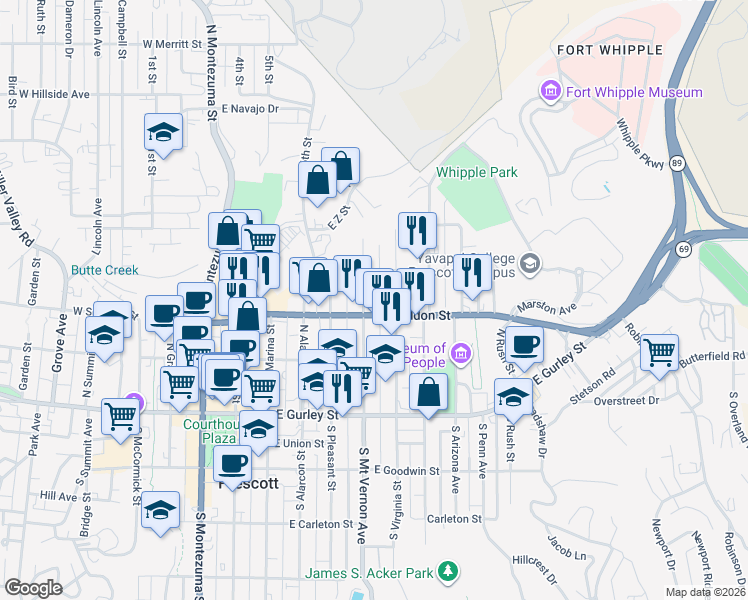 map of restaurants, bars, coffee shops, grocery stores, and more near 328 North Virginia Street in Prescott