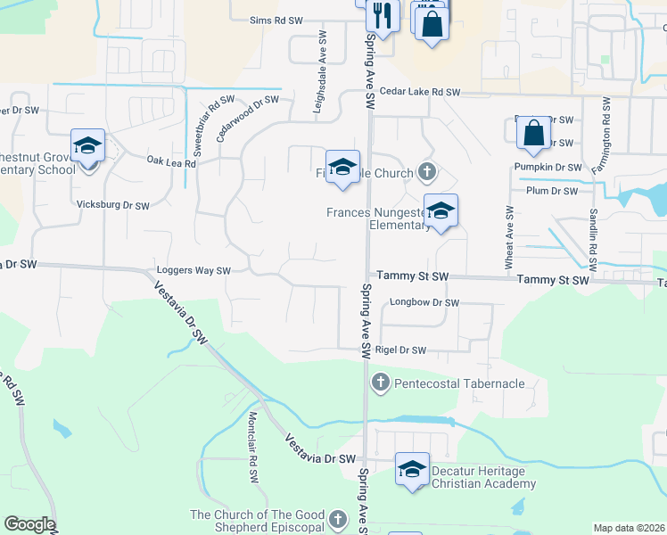 map of restaurants, bars, coffee shops, grocery stores, and more near 902 Whispering Pines Trail Southwest in Decatur