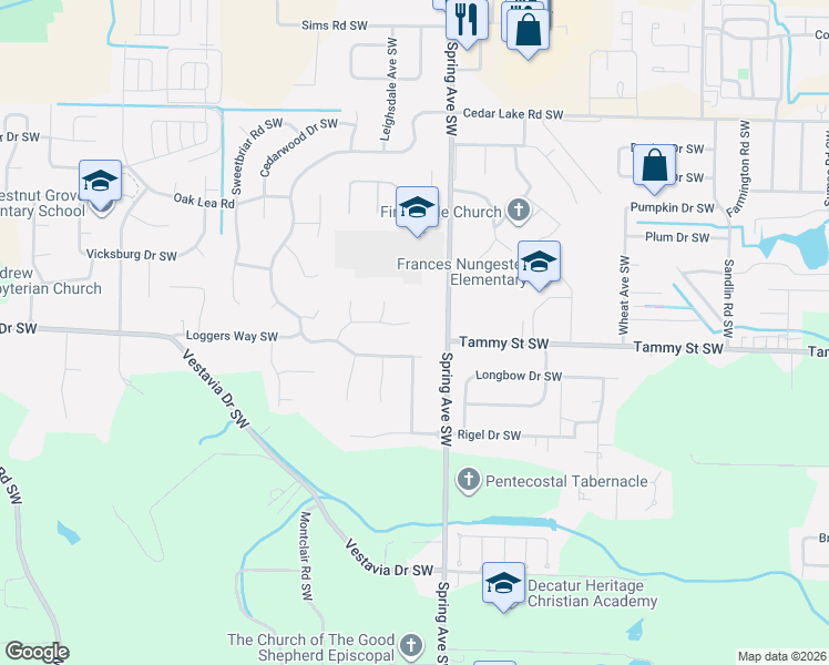 map of restaurants, bars, coffee shops, grocery stores, and more near 902 Whispering Pines Trail Southwest in Decatur