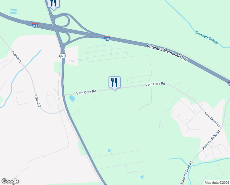 map of restaurants, bars, coffee shops, grocery stores, and more near 1181 Vern Cora Road in Laurens