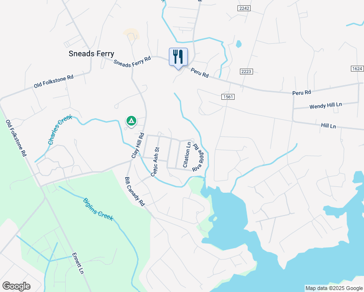 map of restaurants, bars, coffee shops, grocery stores, and more near 303 Dapper Dan Drive in Sneads Ferry