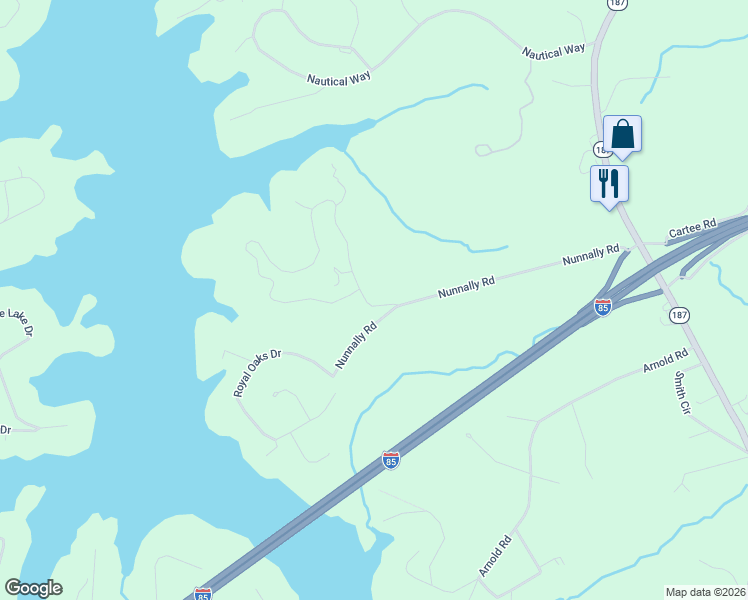 map of restaurants, bars, coffee shops, grocery stores, and more near 304 Nunnally Road in Anderson