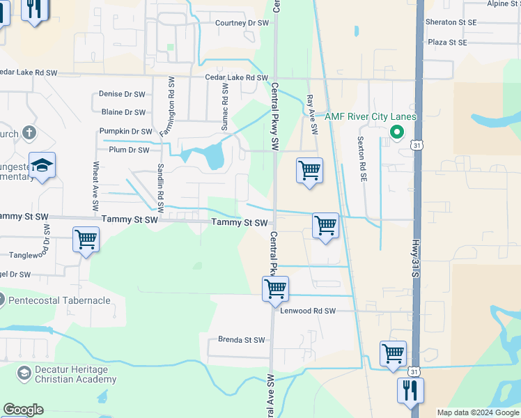 map of restaurants, bars, coffee shops, grocery stores, and more near 3335 Central Parkway Southwest in Decatur