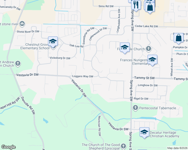 map of restaurants, bars, coffee shops, grocery stores, and more near 1019 Way Thru The Woods Southwest in Decatur