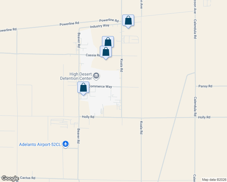 map of restaurants, bars, coffee shops, grocery stores, and more near 9541 Commerce Way in Adelanto